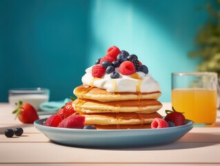 A stack of fluffy pancakes drenched in syrup and topped with berries. Sweet Food Photography