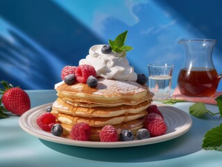 A stack of fluffy pancakes drenched in syrup and topped with berries. Sweet Food Photography