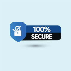 100 percent Secure.  Hundred percent secure concept banner with lock symbol. Security, protection conceptual banner, post, card, icon, label design with cyan background. Badge or button for website. 
