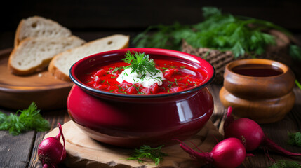 Traditional Ukrainian beet soup borscht on the table