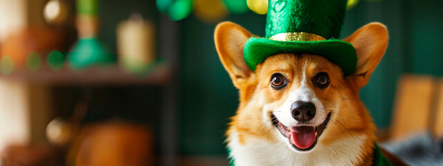 Corgi dog wearing a hat for St. Patrick's Day. Selective focus.