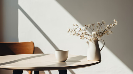 Neutral Minimalist lifestyle in Scandinavian style. Sunny day. Minimalistic interior, with a simple beautiful composition with flowers in vase.