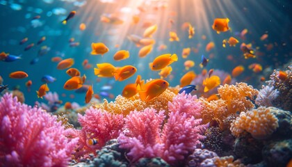 Fototapeta na wymiar Blooming Reefs: A Vibrant Display of Coral and Fish Generative AI