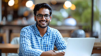 An Indian man working in business and sporting casual blue checkered shirt and glasses is a successful, happy, and cheerful employee. He is sitting at an office desk using a laptop computer indoors an - Powered by Adobe