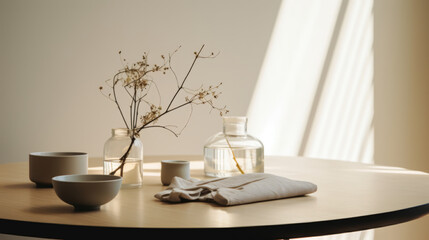 Obraz na płótnie Canvas Neutral Minimalist lifestyle in Scandinavian style. Sunny day. Minimalistic interior, with a simple beautiful composition with flowers in vase.