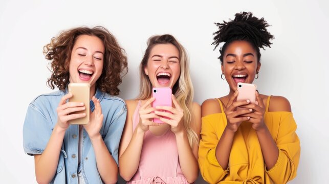 Three young women, joyfully laughing while holding mobile phones, having a fun time together with smartphones, isolated on a white background, portraying modern connectivity and friendship