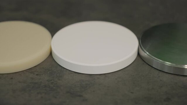 Close-up of the multiple zirconia blocks at dentistry lab. Zirconia blocks used to manufacture dentistry substitutions. Dentistry material zirconia blocks for prosthetics. Stomatology
