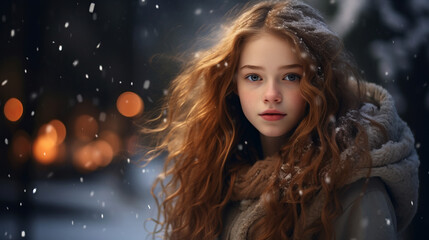 Girl stands in the snow, in the style of bokeh,winter clothing in a cold outdoors, portrait. Beautiful young woman in winter forest at daytime, A snowy setting