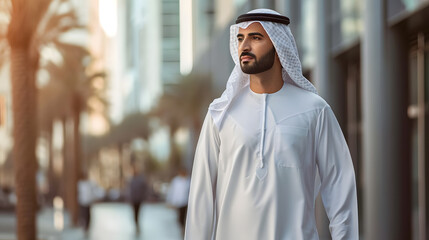 Arab middle-eastern man walks through an urban business center while dressed traditionally in emirates kandoras - obrazy, fototapety, plakaty