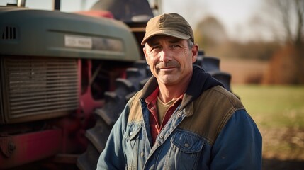 American middle age male farmer standing next to the tractor 