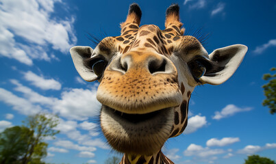 Close-up of a giraffe's face against a blue sky, showcasing its unique patterns and gentle eyes