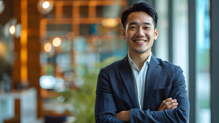 Fototapeta premium Asian man in a suit, businessman, business assistant, worker at an office, manager of a company, job advisor, startup analyst, CEO, employer, marketing expert, and financier