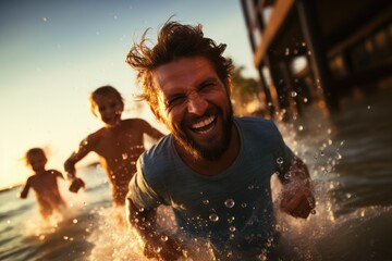 Playful father playing with kids in water sea in summertime. Happy emotions atmosphere. Family on vacation. Active lifestyle for adults and children. Water pool with laugh fun cheerful enjoy
