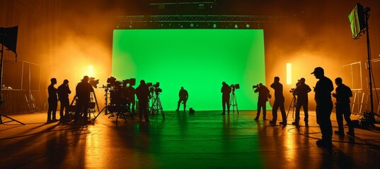Movie film studio entertainment with big green screen. Generative AI technology.	
