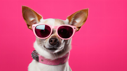 Web banner cute dog with glasses on a dark pink background