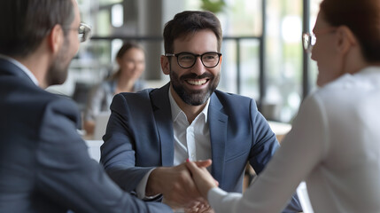 At a team gathering, executive partners who are happy businessmen shake hands to reach an agreement. An investor in the company shakes hands with a client after closing a successful trade merger inter - obrazy, fototapety, plakaty