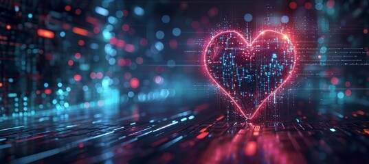 Neon heart with technology background. Pixel art style. Generative AI technology.