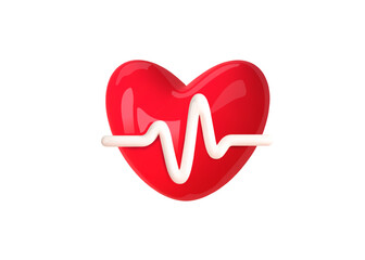 3d red heart and pulse line. Heart, medical, cardio medic icon. Ecg symbol, heart rate, pulse, electrocardiogram,heartbeat. Vector cartoon illustration