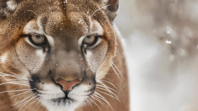 Closeup of a fiercelooking cougar its piercing eyes locked onto its prey in the snowy landscape. The cold air billows around its expressive face emphasizing its intense focus
