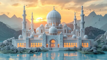 Mosque using geometric elements in a paper-cut style. Showcase artistic impressions, with lighting creating dimension and integrated shadows, all within a serene white setting.
