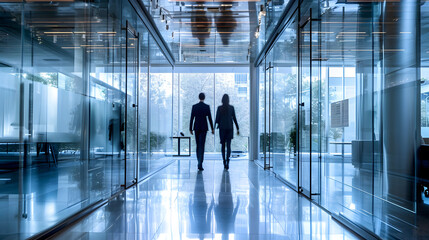 Businesspeople in a glass-enclosed office in motion blur