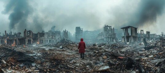 A kid standing over building ruins. Post apocalypse city background after war. Generative AI technology.	
