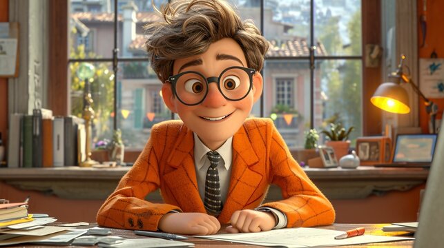 Smiling Cartoon Character in Orange Jacket and Glasses, Ready for a Monthly Meeting Generative AI
