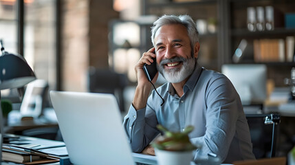 Busy, experienced, competent businessman who is an executive manager and is smiling while on the phone making a phone call on a mobile device while working at an office laptop computer and interacting - Powered by Adobe