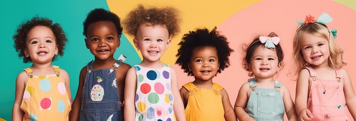 group of smiling kids in colorful casual clothes - obrazy, fototapety, plakaty