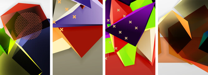 Trendy low poly 3d triangle shapes and other geometric elements background designs for wallpaper, business card, cover, poster, banner, brochure, header, website