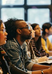 Obraz premium Selective focus of multiethnic students listening to teacher in classroom. AI.