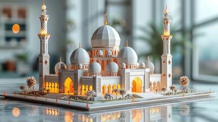 mosque with intricate paper-cut details. symmetrical perfection, elegant visual balance, and the play of natural light and shadows, all against a pristine white background.