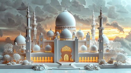mosque with intricate paper-cut details. symmetrical perfection, elegant visual balance, and the play of natural light and shadows, all against a pristine white background.