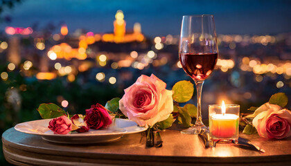 Romantic candlelight table setting with candles, rose, glasses, wine in the night city background