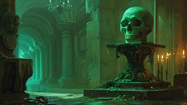 A skull, its hollow eye sockets glowing with a green flame, sat perched on a pedestal in the corner of the room. It seemed to watch you with a malevolent intelligence. Fantasy animation