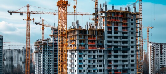 Apartment building construction sites and tower cranes. Urban development. Generative AI technology.	
