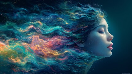 Fantasy Artwork of a Woman with Long Hair and a Blue Tint Generative AI