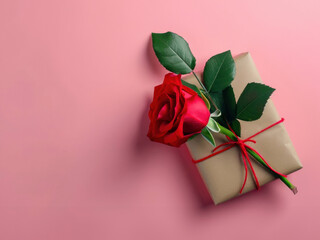 Gift box with red rose on pink background. Flat lay, top view. High quality photo