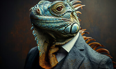 Surreal Portrait of an Iguana in a Business Suit, Conceptualizing a Blend of the Animal Kingdom and Corporate World