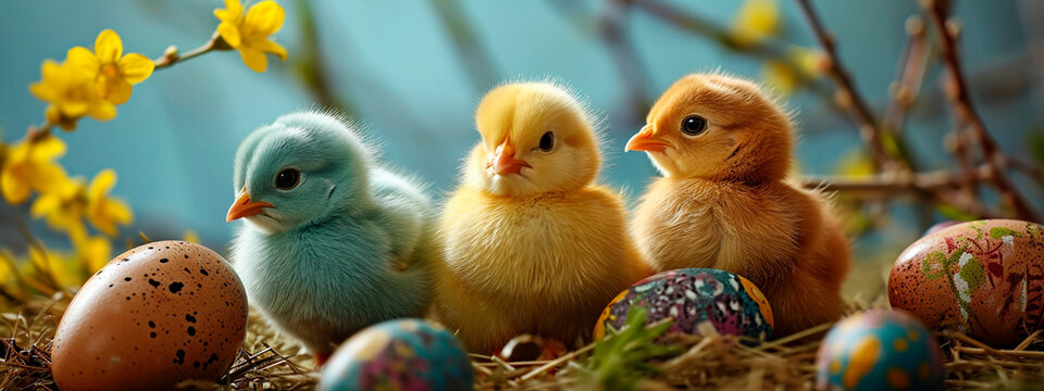 Easter eggs bunny and chicks. Selective focus.