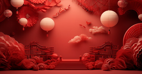 Festive Chinese New Year backdrop adorned with traditional decorations, capturing the cultural richness and joyous ambiance in a vibrant and celebratory design