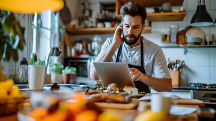 Fototapeta premium Food preparation, conversation, phone call, smartphone, computer, office work, breakfast, online messaging, and social media connections are all done by the kitchen man