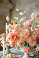 Fototapeta premium wedding composition of ranunculus in a vase on a low leg, banner, delicate airy style