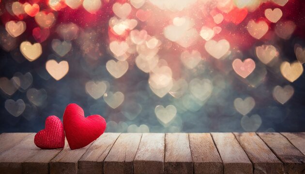 Table of Affection: Wooden Charm and Heart Bokeh for Valentine's Day