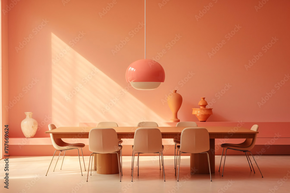 Wall mural interior design dining room, peach shades, modern minimalism