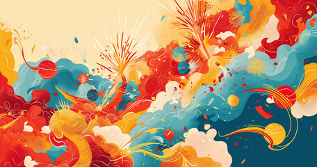 Vivid illustration celebrating the festive vibes of Chinese New Year with dynamic firecrackers. The burst of colors radiates joy, capturing the spirited atmosphere and excitement of the Lunar New Yea