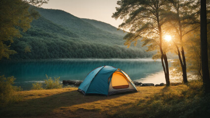 camping in the mountains side river in front and sunset view ai generative