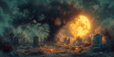 Obraz na płótnie Canvas Ghostly Halloween Night: A Tree with Pumpkins and Skulls Generative AI