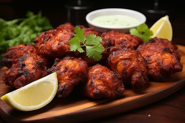 Delicious indian tandoori chicken on wooden table with traditional spices and vibrant flavors