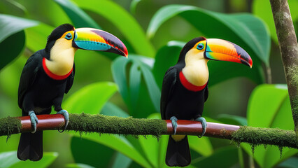 Vibrant Toucans Perched Amidst Lush Green Foliage, A Glimpse into Tropical Wildlife